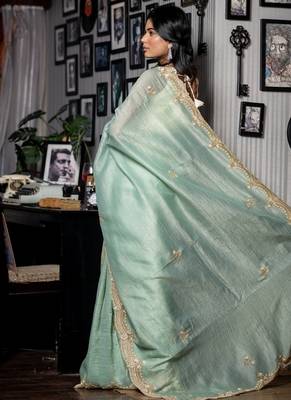green woven tissue sequins work all seasons sarees 4