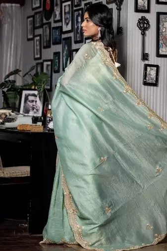green woven tissue sequins work all seasons sarees
