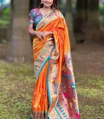 orange color soft silk blend fabric woven meenakari designer ethnic partywear saree