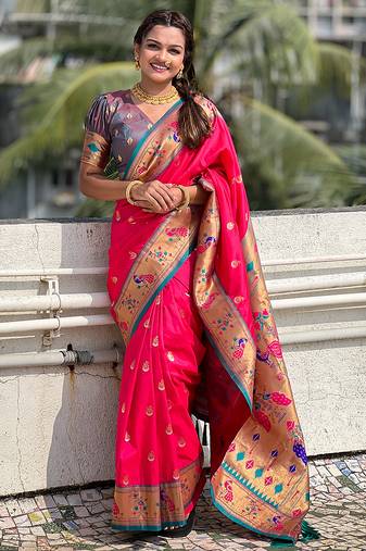 pink color soft silk blend fabric woven meenakari designer ethnic partywear saree