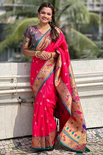 pink color soft silk blend fabric woven meenakari designer ethnic partywear saree