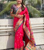pink color soft silk blend fabric woven meenakari designer ethnic partywear saree