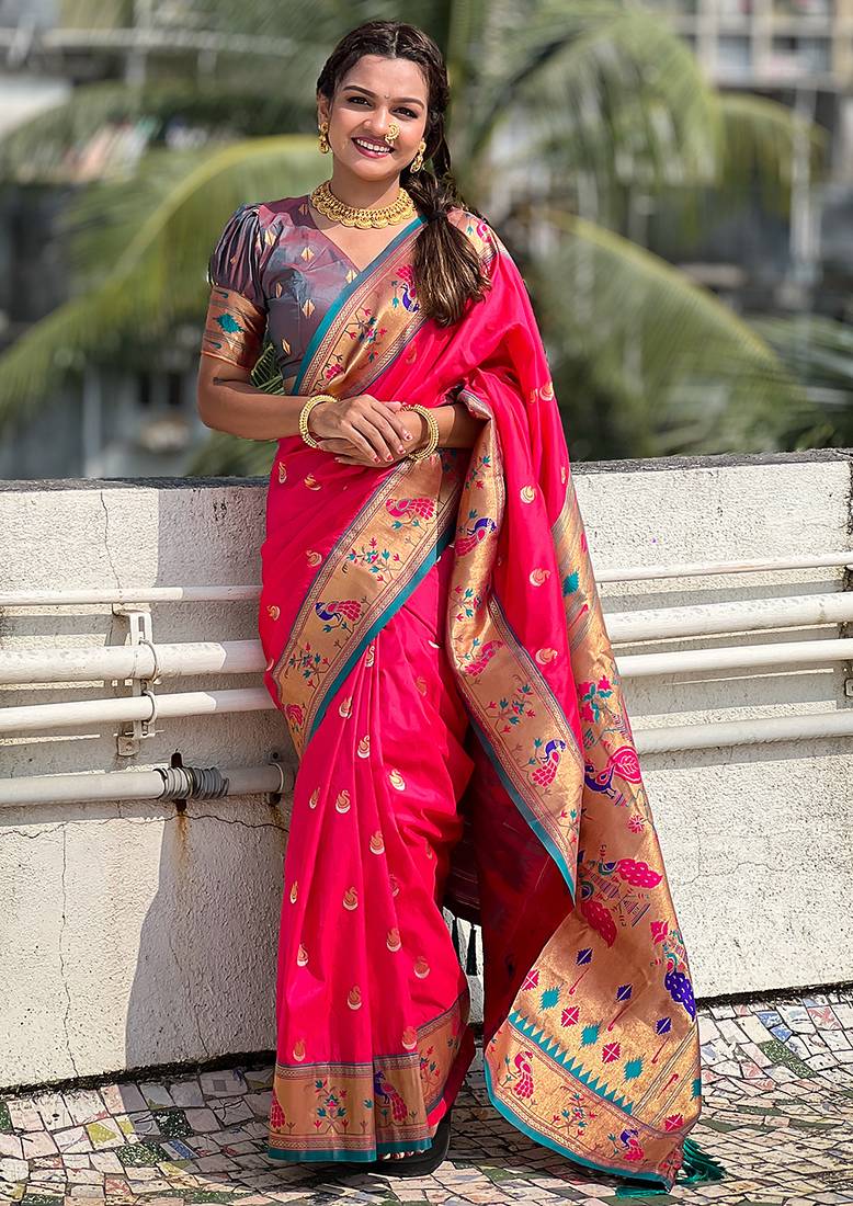 pink color soft silk blend fabric woven meenakari designer ethnic partywear saree