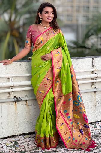 parrot green color soft silk blend fabric woven meenakari designer ethnic partywear saree