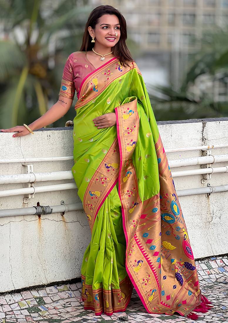 parrot green color soft silk blend fabric woven meenakari designer ethnic partywear saree