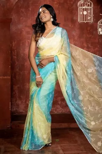 multicolor woven organza cutdana work all seasons sarees