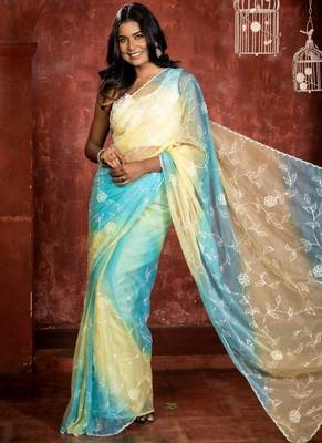 multicolor woven organza cutdana work all seasons sarees 3