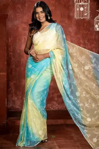 multicolor woven organza cutdana work all seasons sarees