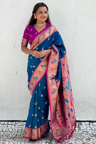 firozi color soft silk blend fabric woven meenakari designer ethnic partywear saree