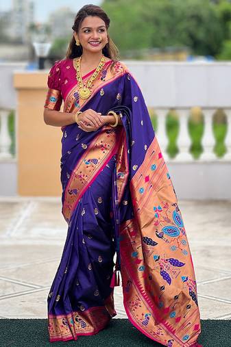 violet color soft silk blend fabric woven meenakari designer ethnic partywear saree