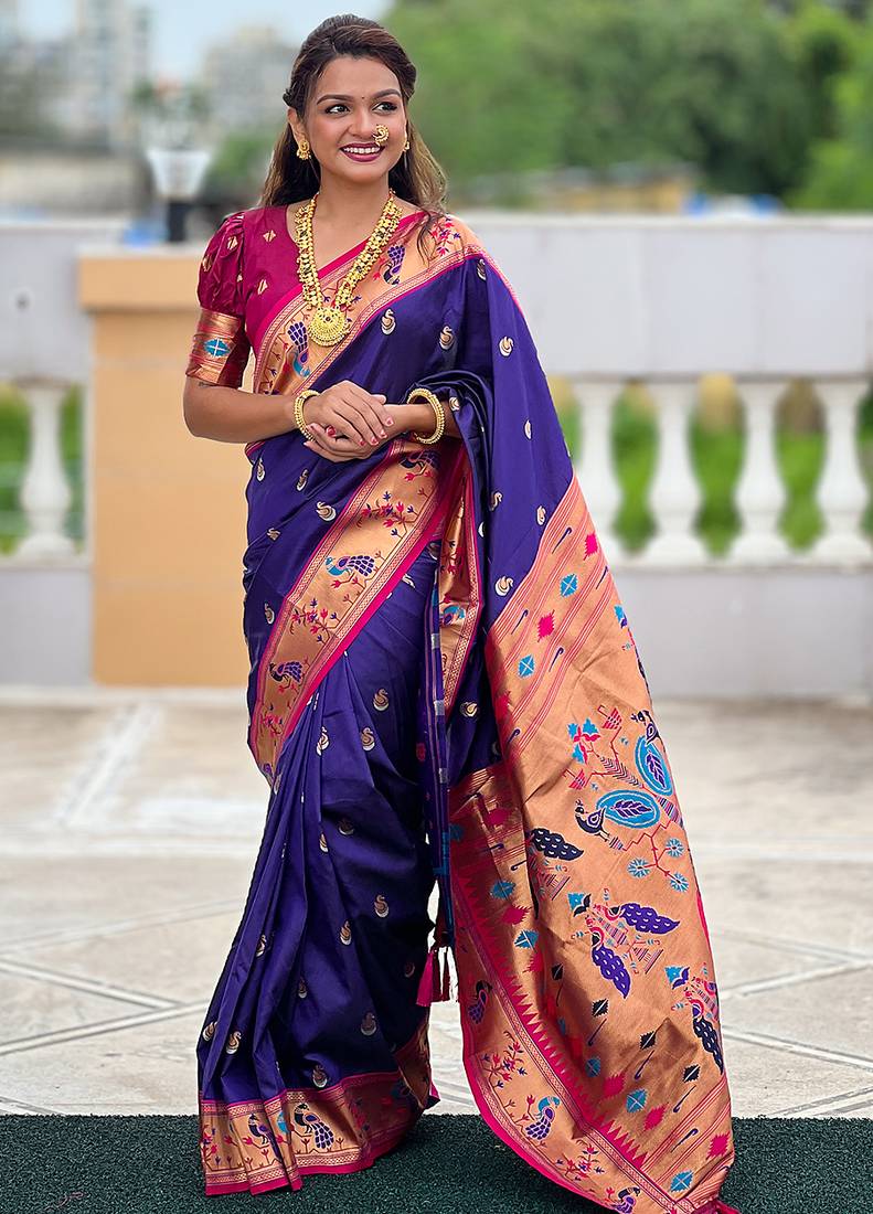 violet color soft silk blend fabric woven meenakari designer ethnic partywear saree