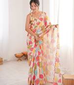 off white color girlie chinon fabric designer digital printed ceremonial saree