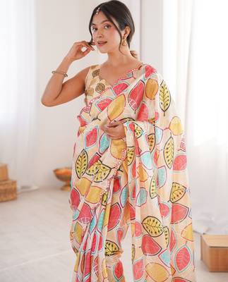 off white girlie chinon digital printed ceremonial saree 3