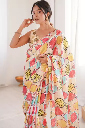 off white girlie chinon digital printed ceremonial saree