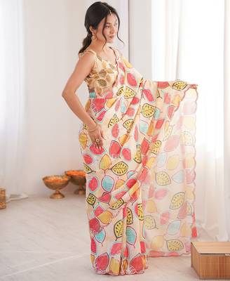 off white girlie chinon digital printed ceremonial saree 5