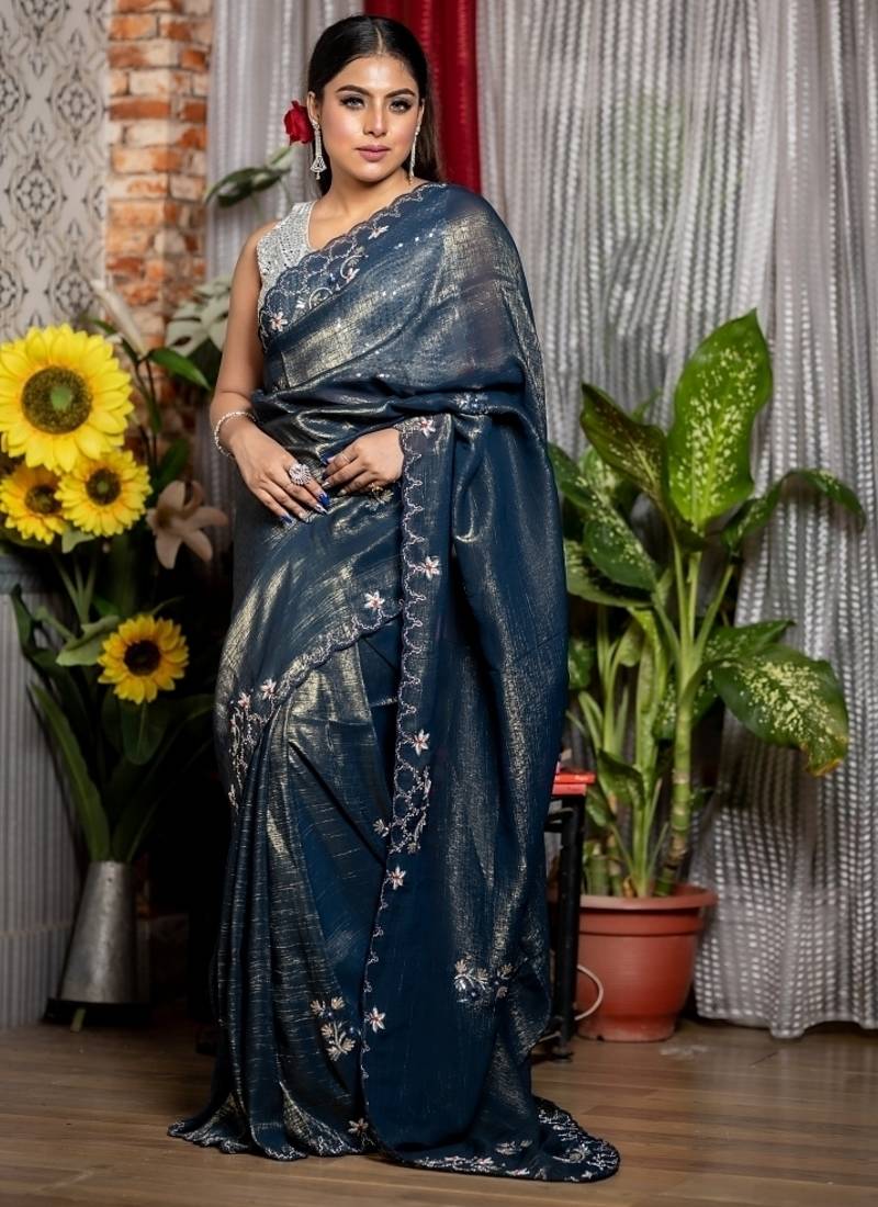 multicolor woven organza sequins work all seasons sarees