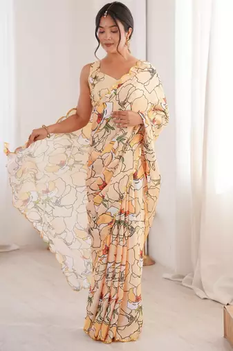 peach color girlie chinon fabric designer digital printed ceremonial saree