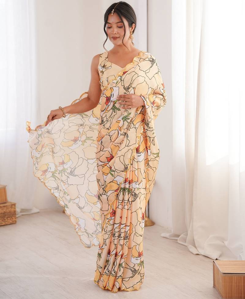 peach color girlie chinon fabric designer digital printed ceremonial saree