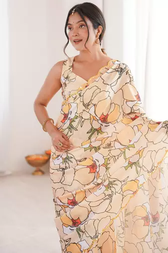 peach girlie chinon digital printed ceremonial saree