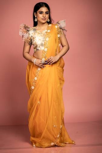 saffron woven organza sequins work all seasons sarees