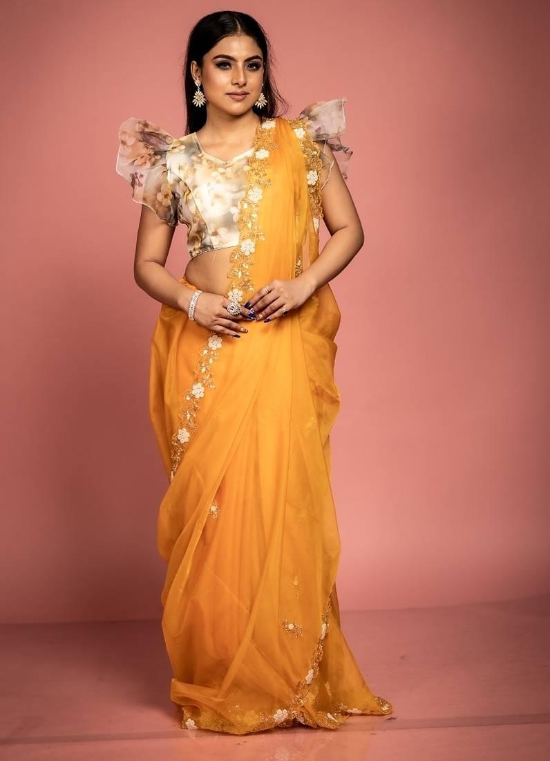 saffron woven organza sequins work all seasons sarees