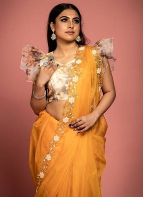 saffron woven organza sequins work all seasons sarees 2