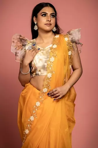 saffron woven organza sequins work all seasons sarees