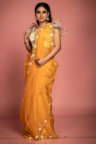 saffron woven organza sequins work all seasons sarees