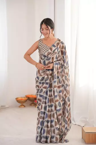 grey color girlie chinon fabric designer digital printed ceremonial saree