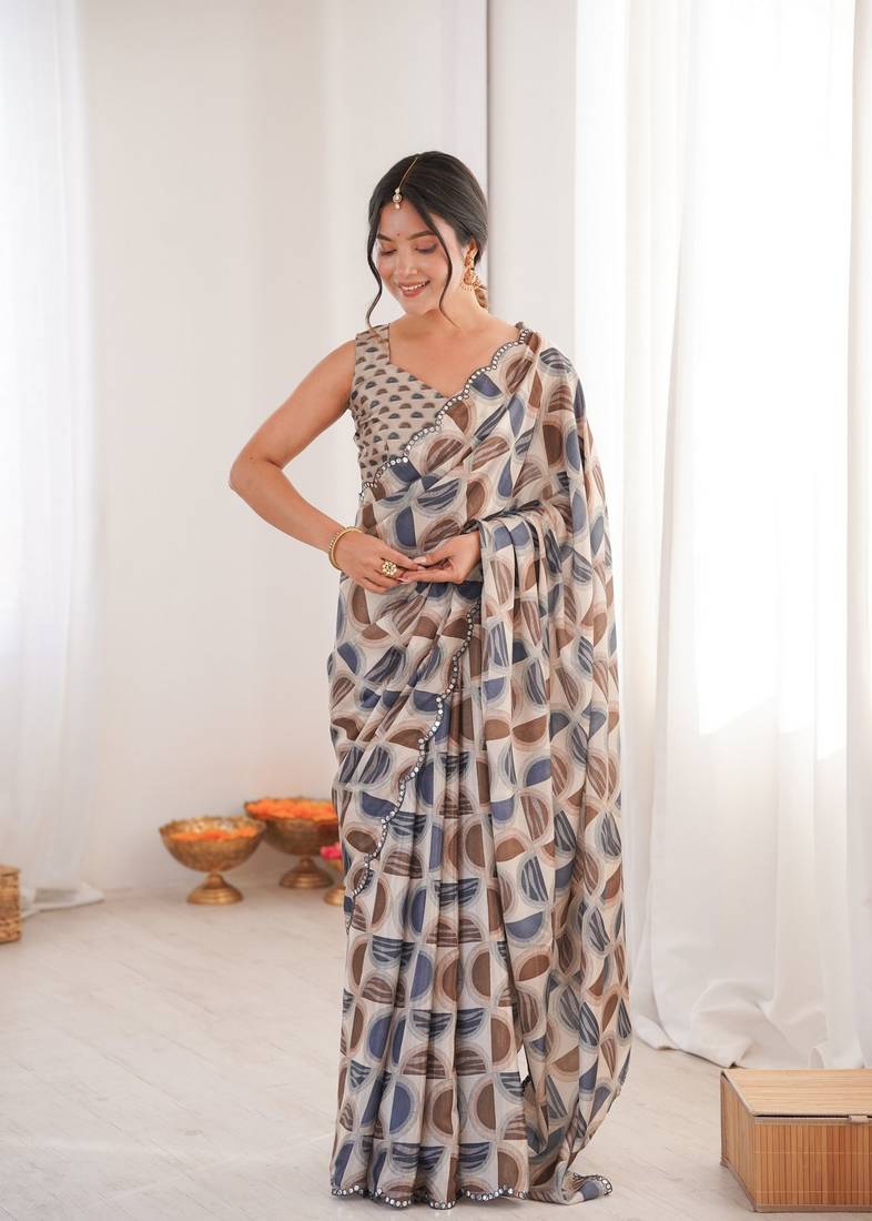 grey color girlie chinon fabric designer digital printed ceremonial saree