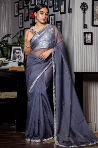 grey woven organza cutdana work all seasons sarees