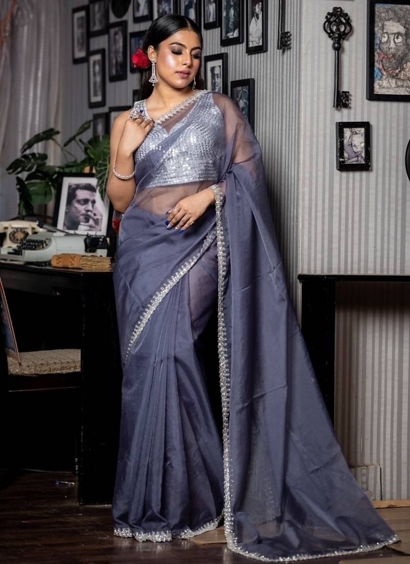 grey woven organza cutdana work all seasons sarees