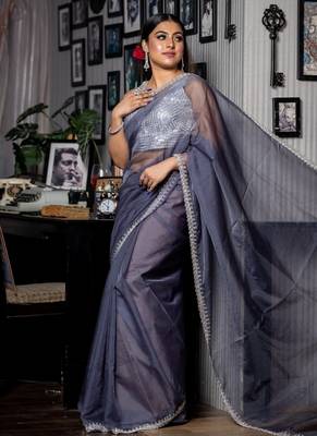grey woven organza cutdana work all seasons sarees 2