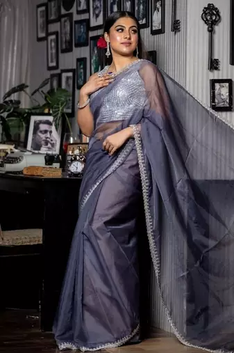 grey woven organza cutdana work all seasons sarees