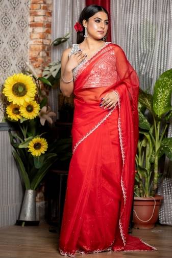 red woven organza stone work all seasons sarees