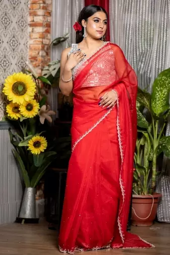 red woven organza stone work all seasons sarees