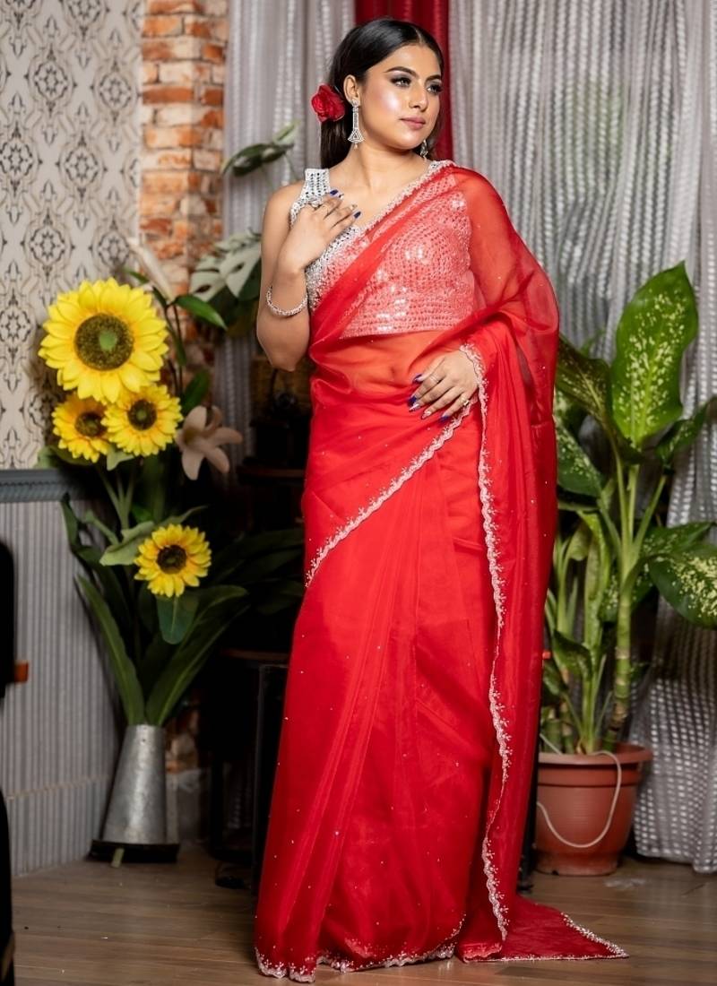 red woven organza stone work all seasons sarees
