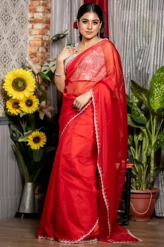 red woven organza stone work all seasons sarees