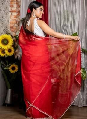 red woven organza stone work all seasons sarees 3
