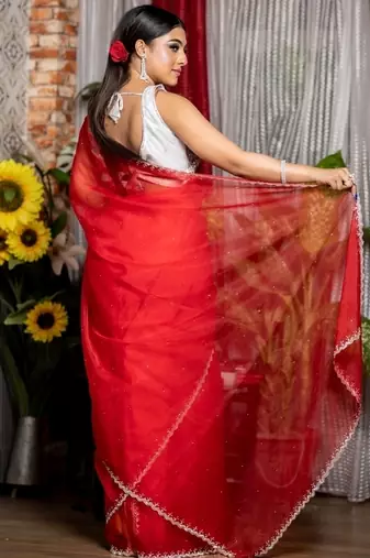 red woven organza stone work all seasons sarees