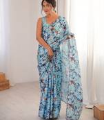 blue color girlie chinon fabric designer digital printed ceremonial saree