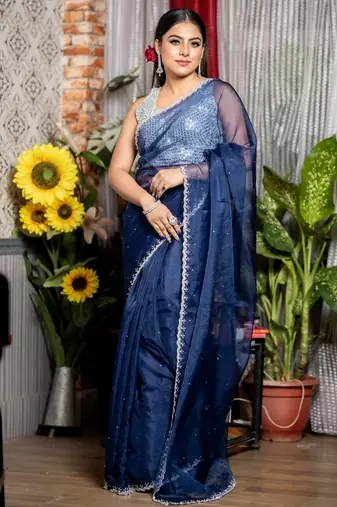 blue woven organza stone work all seasons sarees