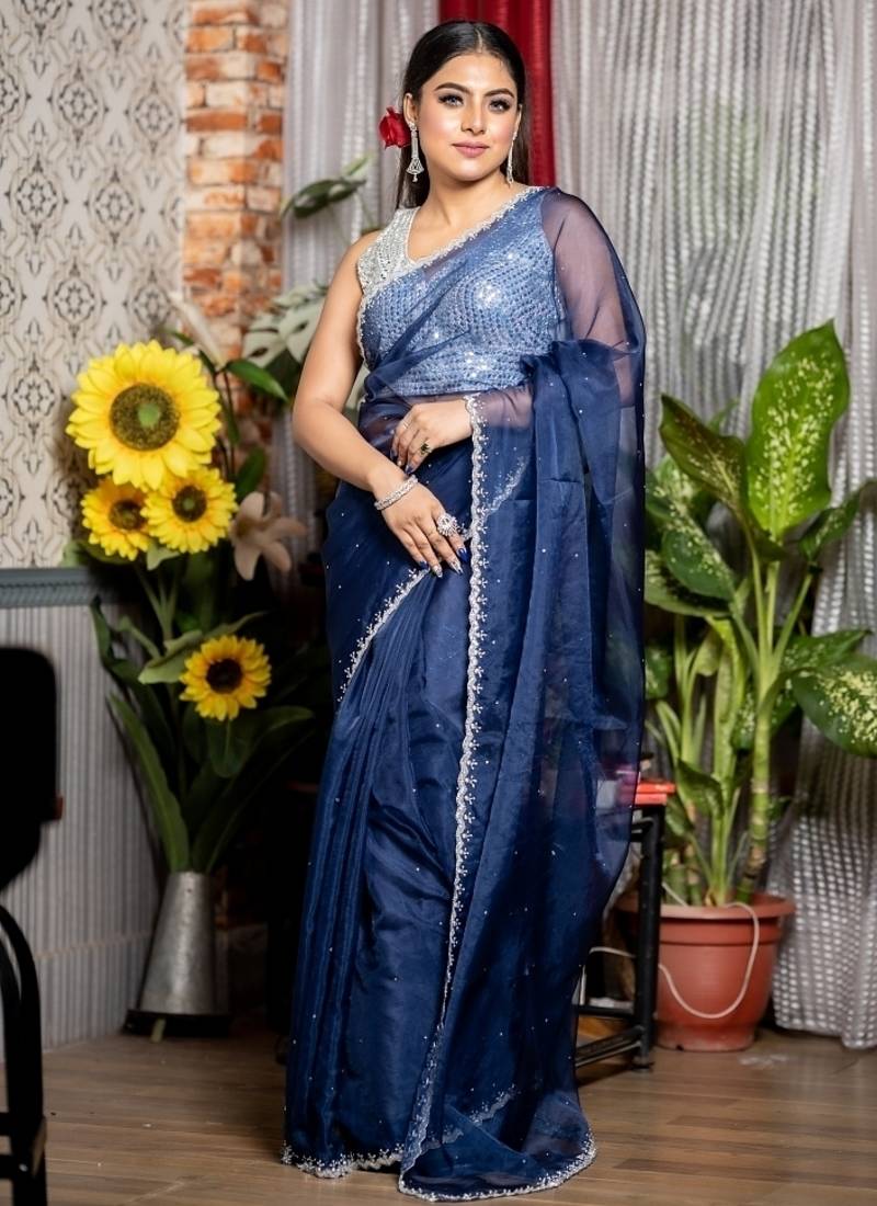 blue woven organza stone work all seasons sarees