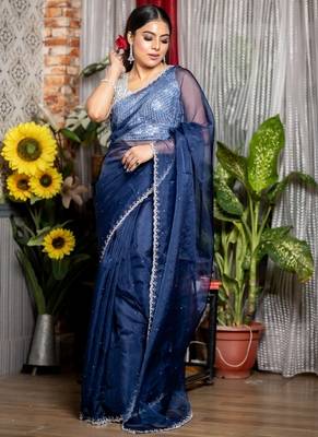 blue woven organza stone work all seasons sarees 2