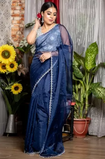 blue woven organza stone work all seasons sarees
