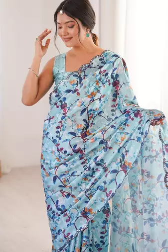 blue girlie chinon digital printed ceremonial saree