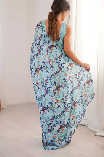 blue girlie chinon digital printed ceremonial saree