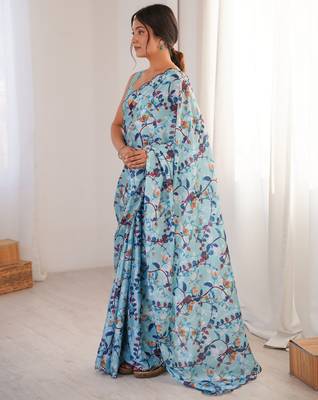 blue girlie chinon digital printed ceremonial saree 5
