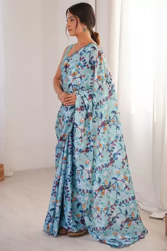blue girlie chinon digital printed ceremonial saree