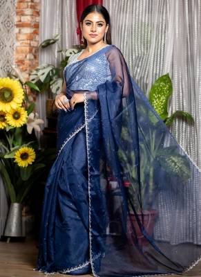 blue woven organza stone work all seasons sarees 3